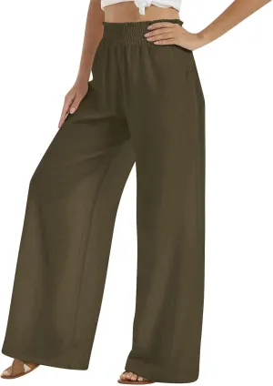 Women's Casual Loose Pants Wide Leg Elastic High Waisted Straight Leg Linen Pants Solid Color Running Workout Trouser