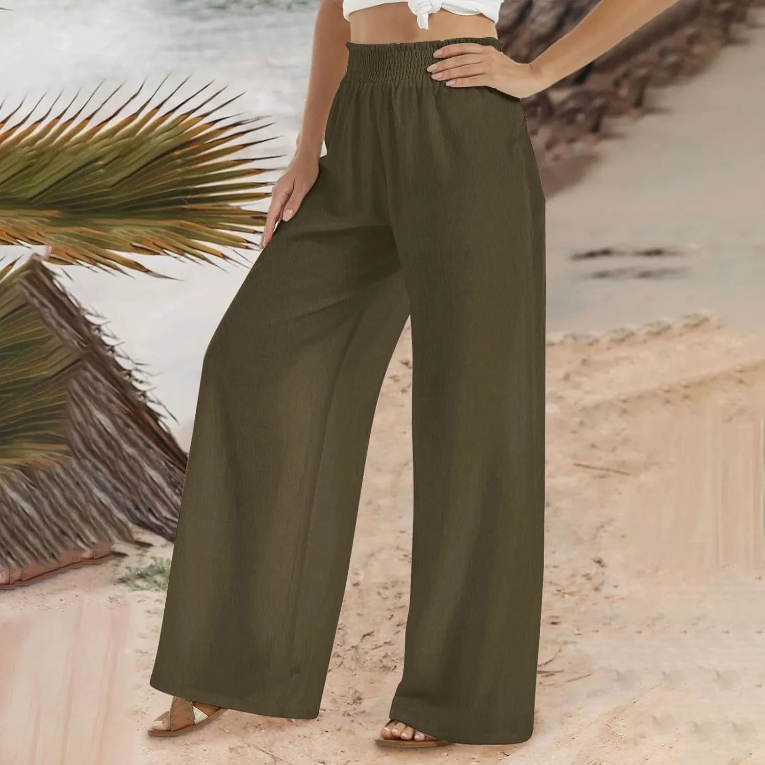Women's Casual Loose Pants Wide Leg Elastic High Waisted Straight Leg Linen Pants Solid Color Running Workout Trouser