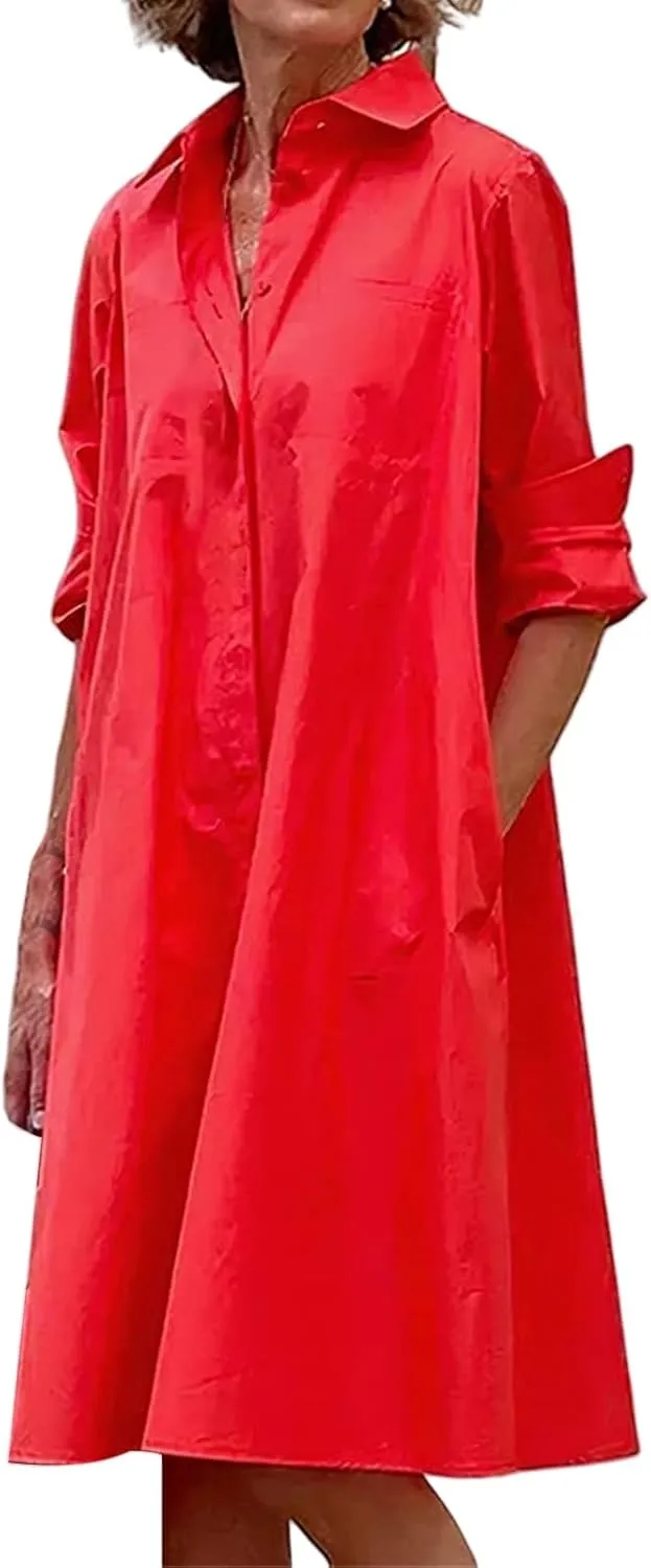 Womens Casual Midi Dress Summer Long Sleeve Button Down Shirt Dresses Trendy V Neck Color Block Print Beach Sundress