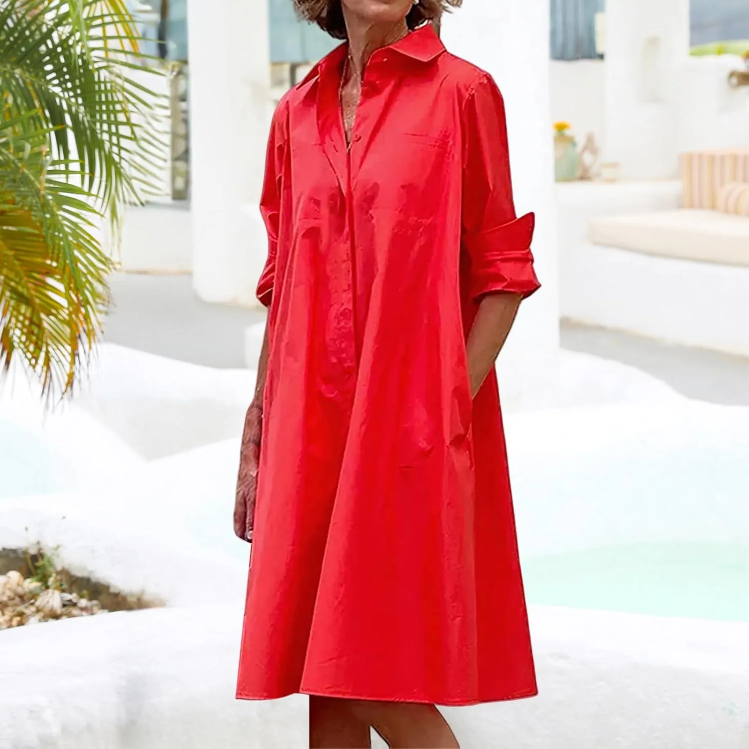 Womens Casual Midi Dress Summer Long Sleeve Button Down Shirt Dresses Trendy V Neck Color Block Print Beach Sundress