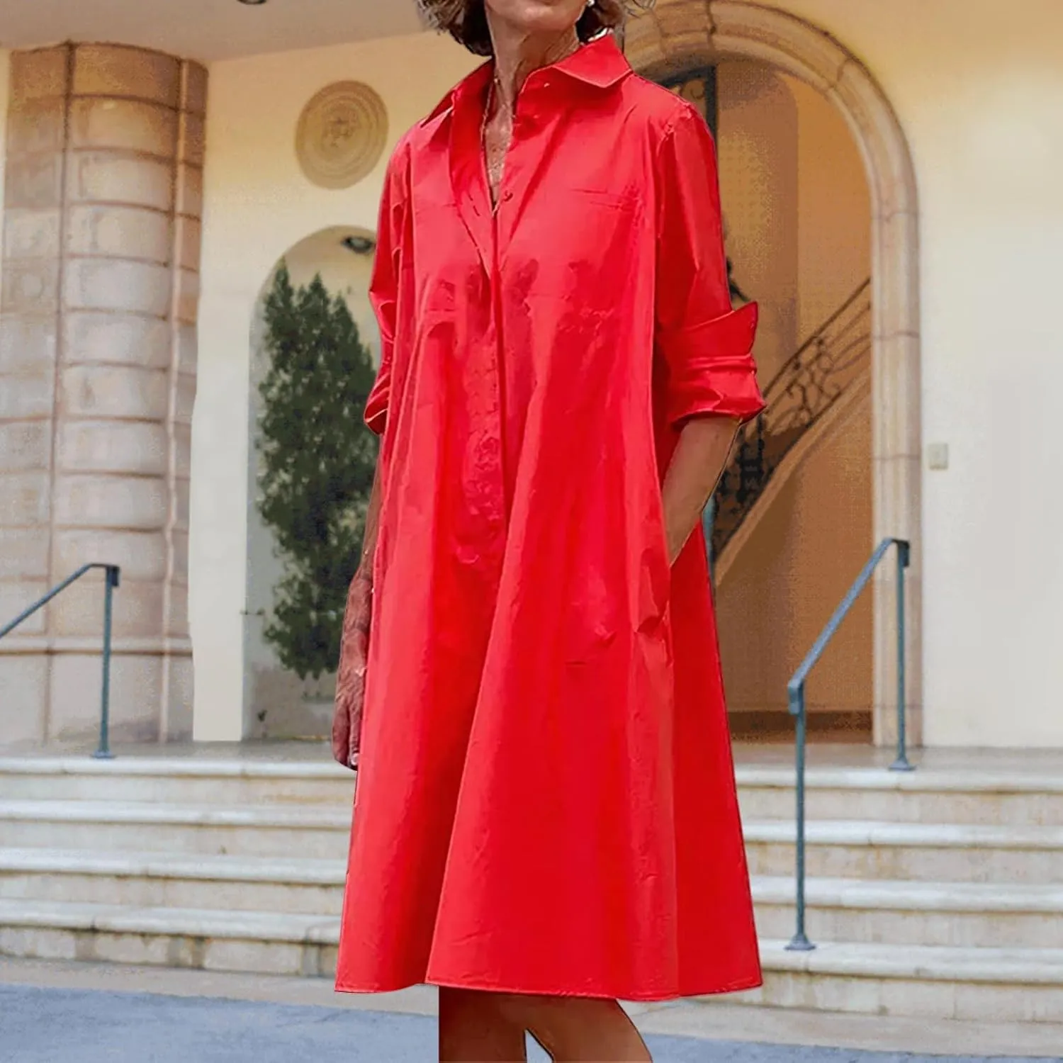 Womens Casual Midi Dress Summer Long Sleeve Button Down Shirt Dresses Trendy V Neck Color Block Print Beach Sundress