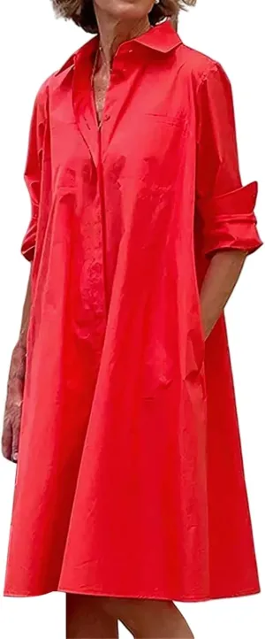Womens Casual Midi Dress Summer Long Sleeve Button Down Shirt Dresses Trendy V Neck Color Block Print Beach Sundress
