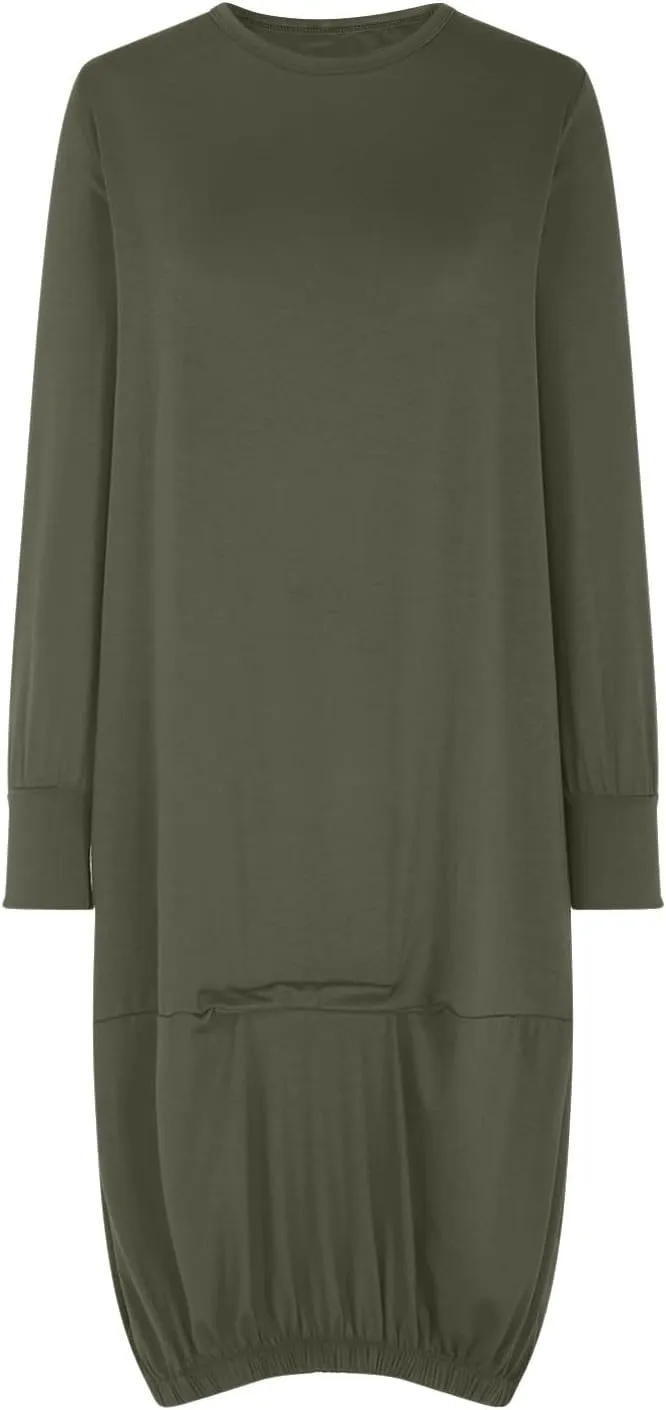 Women's Casual Solid Color Simple Dresses Long Sleeve Scoop Neck T-Shirt Dress Loose Elastic Hem Shift Midi Dresses