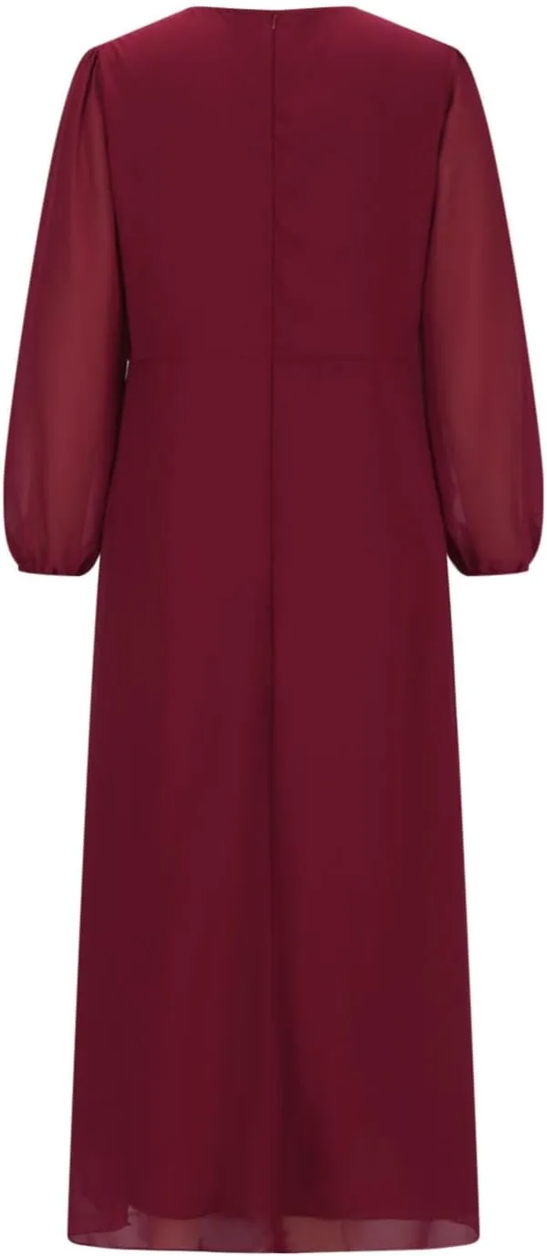 Womens Chiffon Midi Dress Sexy V Neck 3/4 Sleeve Wedding Dress Solid Color High Waist Long Dress Fashion Flowy Dress