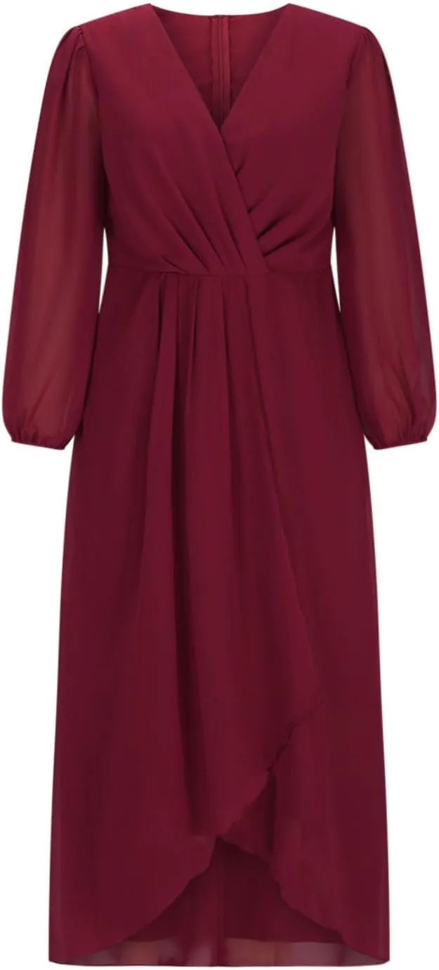 Womens Chiffon Midi Dress Sexy V Neck 3/4 Sleeve Wedding Dress Solid Color High Waist Long Dress Fashion Flowy Dress