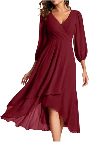 Womens Chiffon Midi Dress Sexy V Neck 3/4 Sleeve Wedding Dress Solid Color High Waist Long Dress Fashion Flowy Dress
