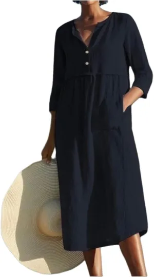 Womens Cotton Linen Dresses 3/4 Sleeve Maxi Long Dress Round Neck Button Casual Dress Casual Plain Loungewear Dresses