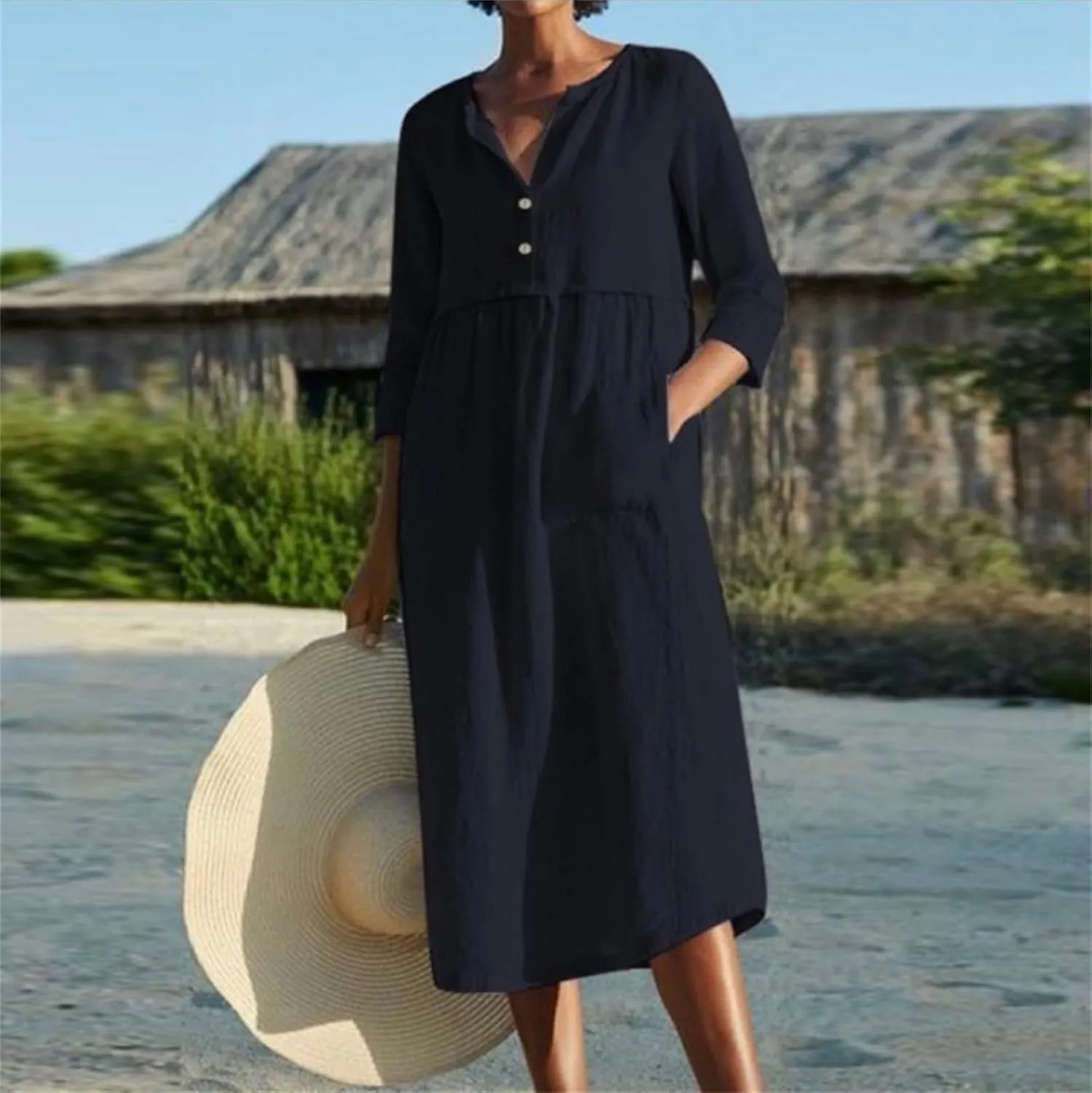 Womens Cotton Linen Dresses 3/4 Sleeve Maxi Long Dress Round Neck Button Casual Dress Casual Plain Loungewear Dresses