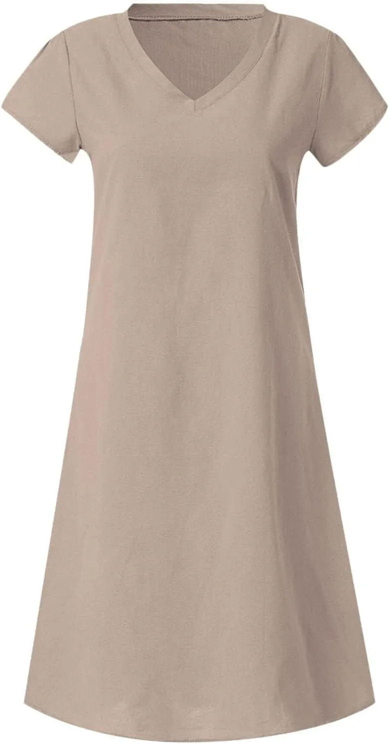 Womens Cotton Linen Midi Dress Short Sleeve V-Neck Summer T-Shirt Dresses Solid Loungewear Comfort Flowy Beach Dress