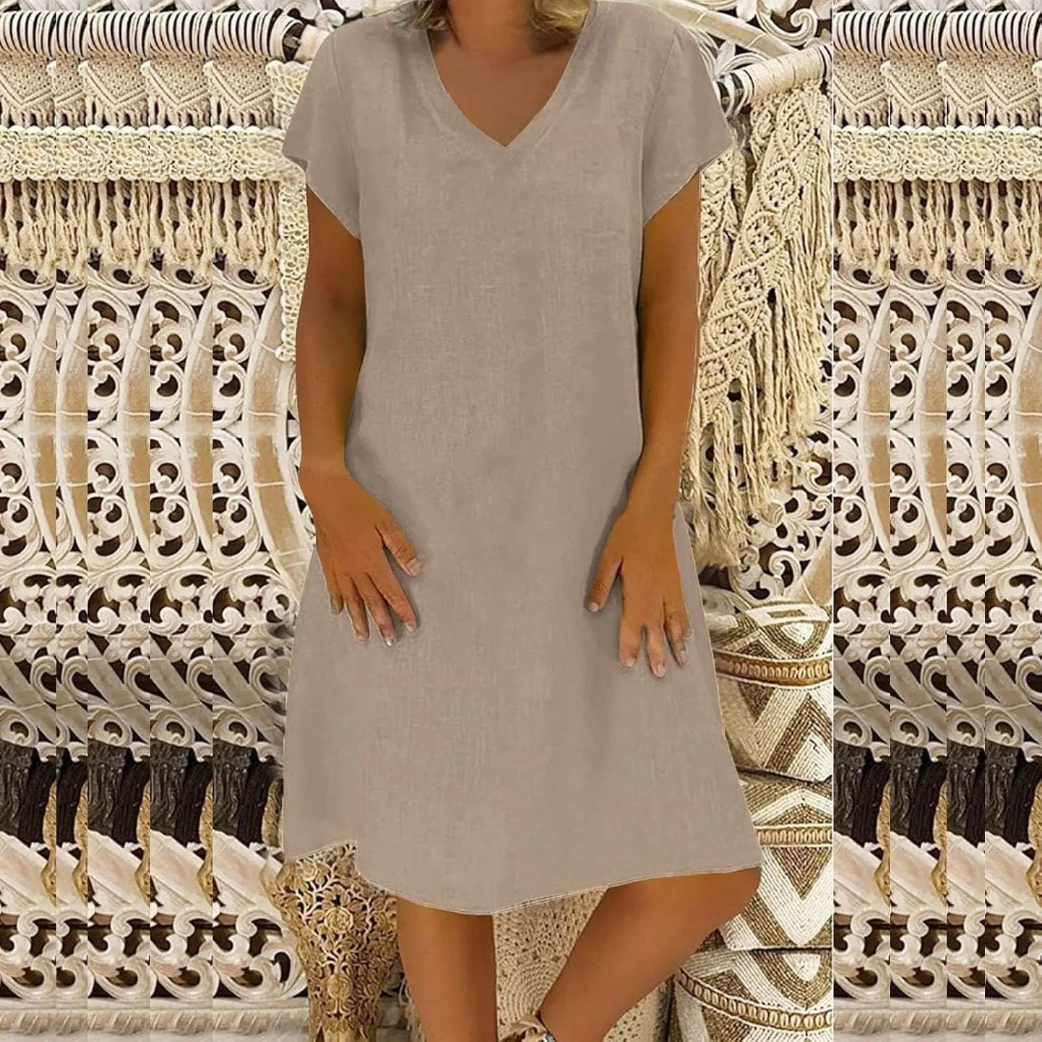 Womens Cotton Linen Midi Dress Short Sleeve V-Neck Summer T-Shirt Dresses Solid Loungewear Comfort Flowy Beach Dress