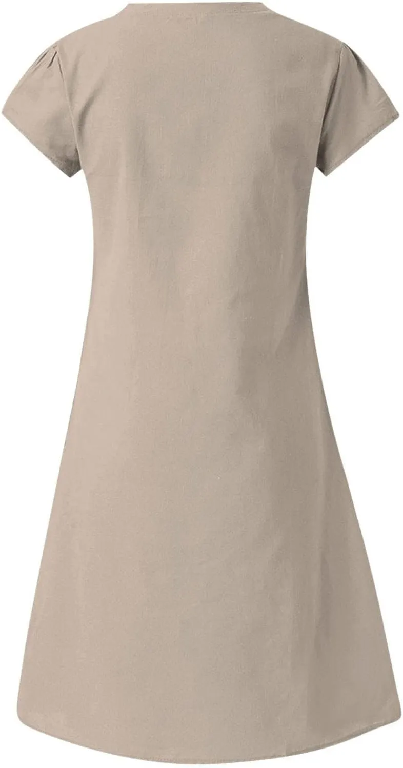 Womens Cotton Linen Midi Dress Short Sleeve V-Neck Summer T-Shirt Dresses Solid Loungewear Comfort Flowy Beach Dress