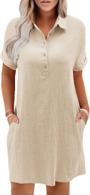 Womens Cotton Linen Shirt Dress Short Sleeve Lapel Summer Casual Midi Dress Button Beach Cover Up Dresses with Pocket