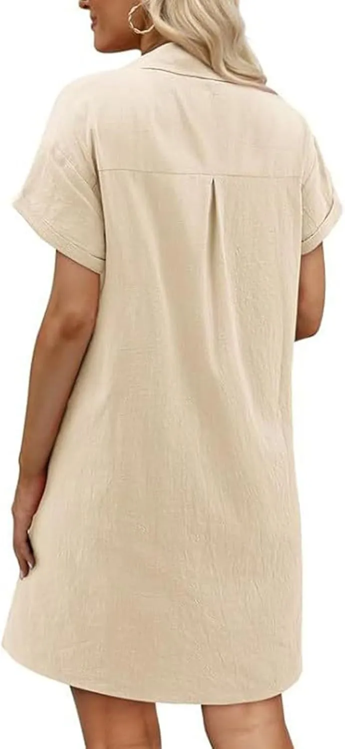 Womens Cotton Linen Shirt Dress Short Sleeve Lapel Summer Casual Midi Dress Button Beach Cover Up Dresses with Pocket