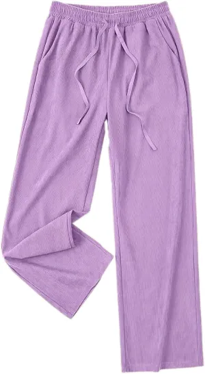 Womens Cotton Linen Straight Leg Pants High Waisted Drawstring Stretchy Business Work Casual Trousers with Pockets