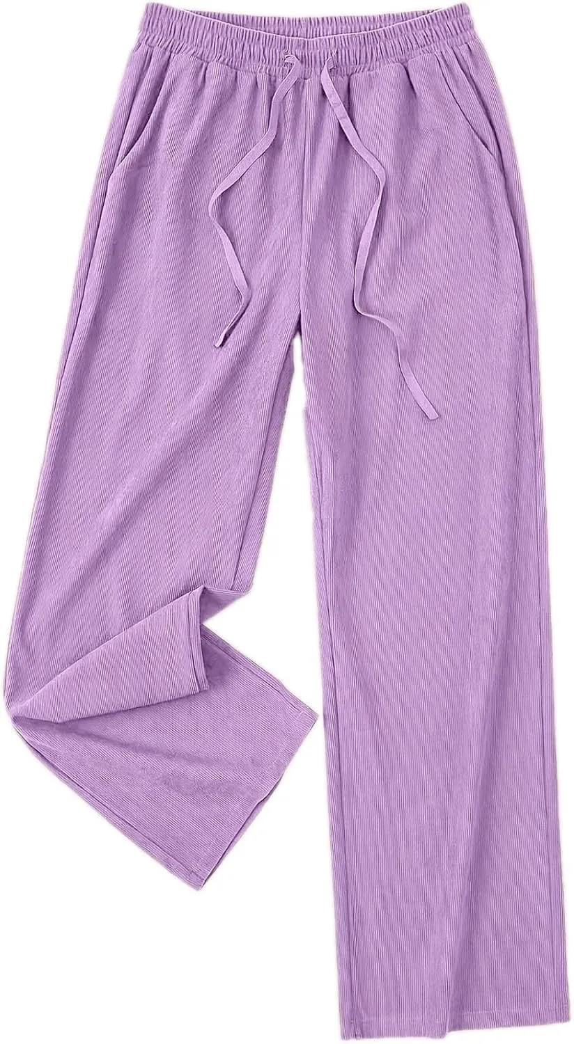 Womens Cotton Linen Straight Leg Pants High Waisted Drawstring Stretchy Business Work Casual Trousers with Pockets
