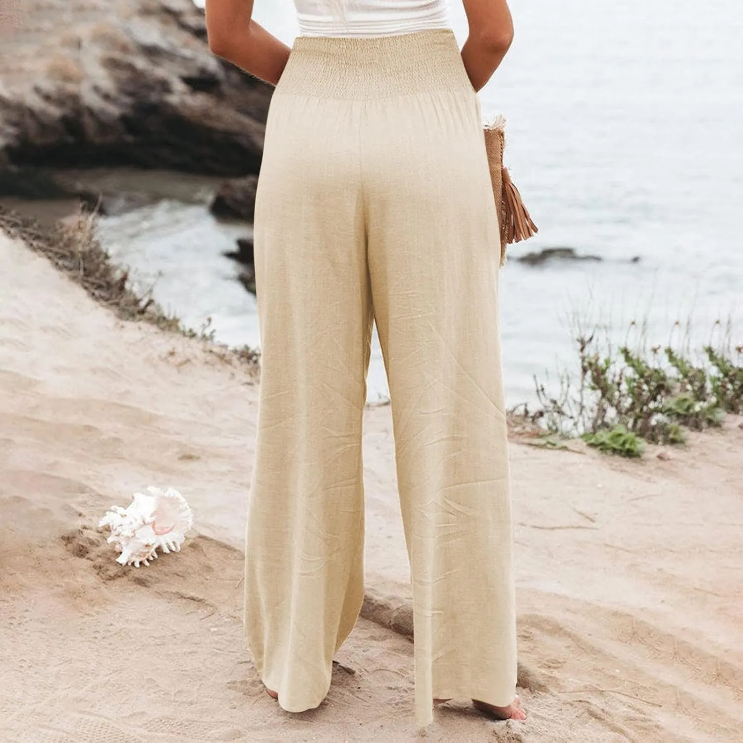 Women's Cotton Linen Wide Leg Pants Summer Smocked High Waisted Palazzo Trousers with Pockets Beach Cover Up
