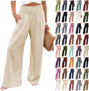 Women's Cotton Linen Wide Leg Pants Summer Smocked High Waisted Palazzo Trousers with Pockets Beach Cover Up