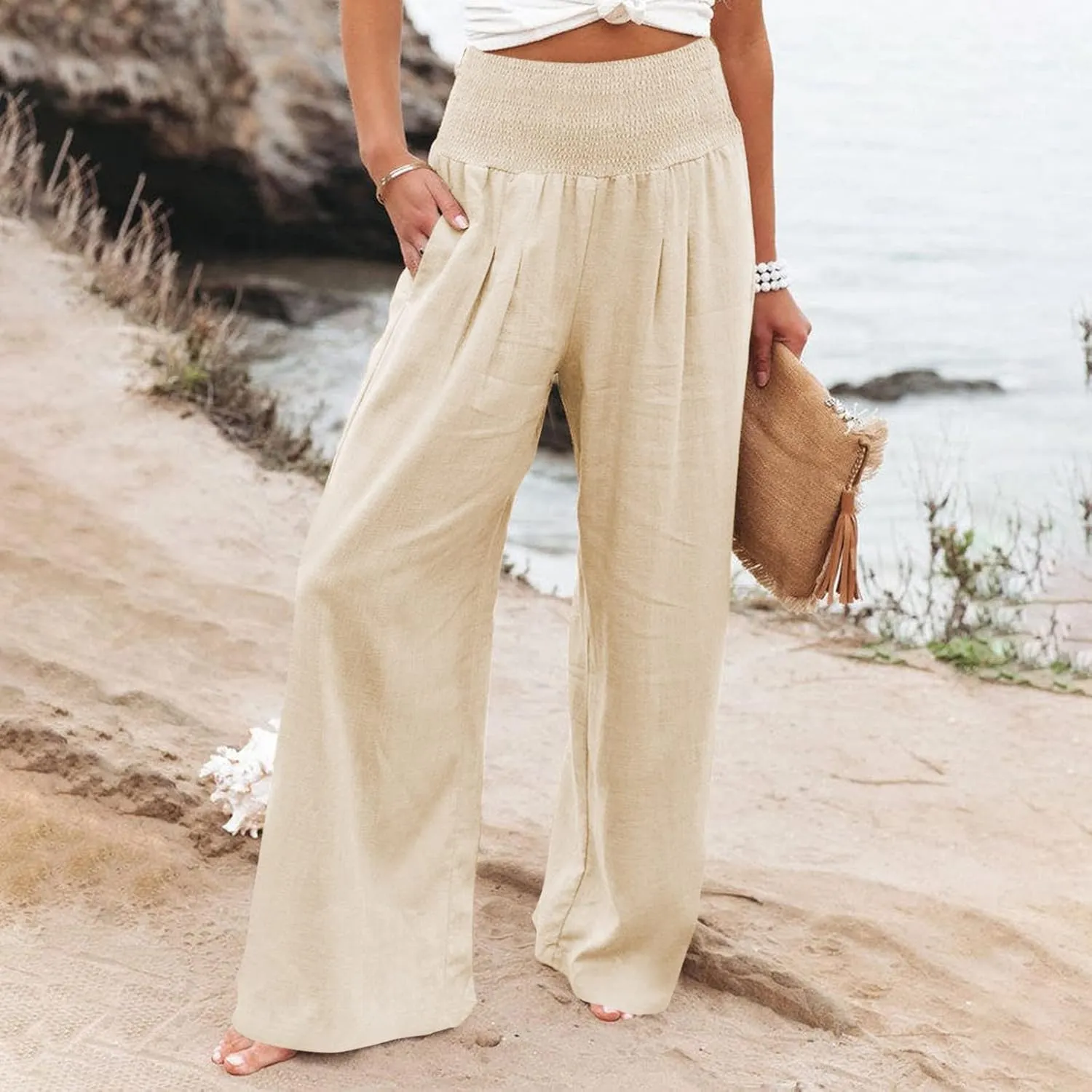 Women's Cotton Linen Wide Leg Pants Summer Smocked High Waisted Palazzo Trousers with Pockets Beach Cover Up