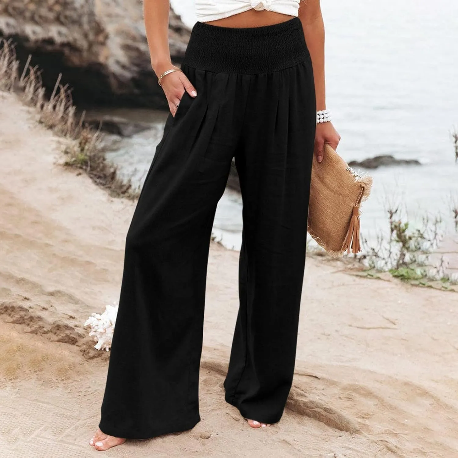 Women's Cotton Linen Wide Leg Pants Summer Smocked High Waisted Palazzo Trousers with Pockets Beach Cover Up
