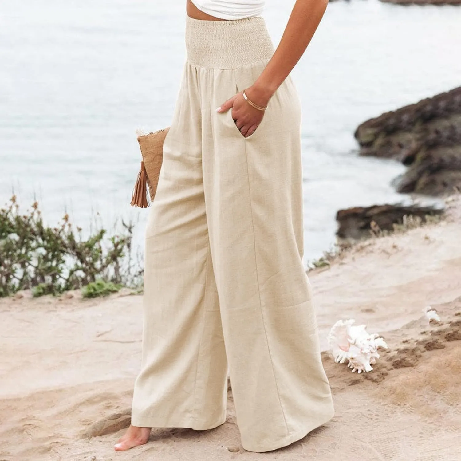 Women's Cotton Linen Wide Leg Pants Summer Smocked High Waisted Palazzo Trousers with Pockets Beach Cover Up