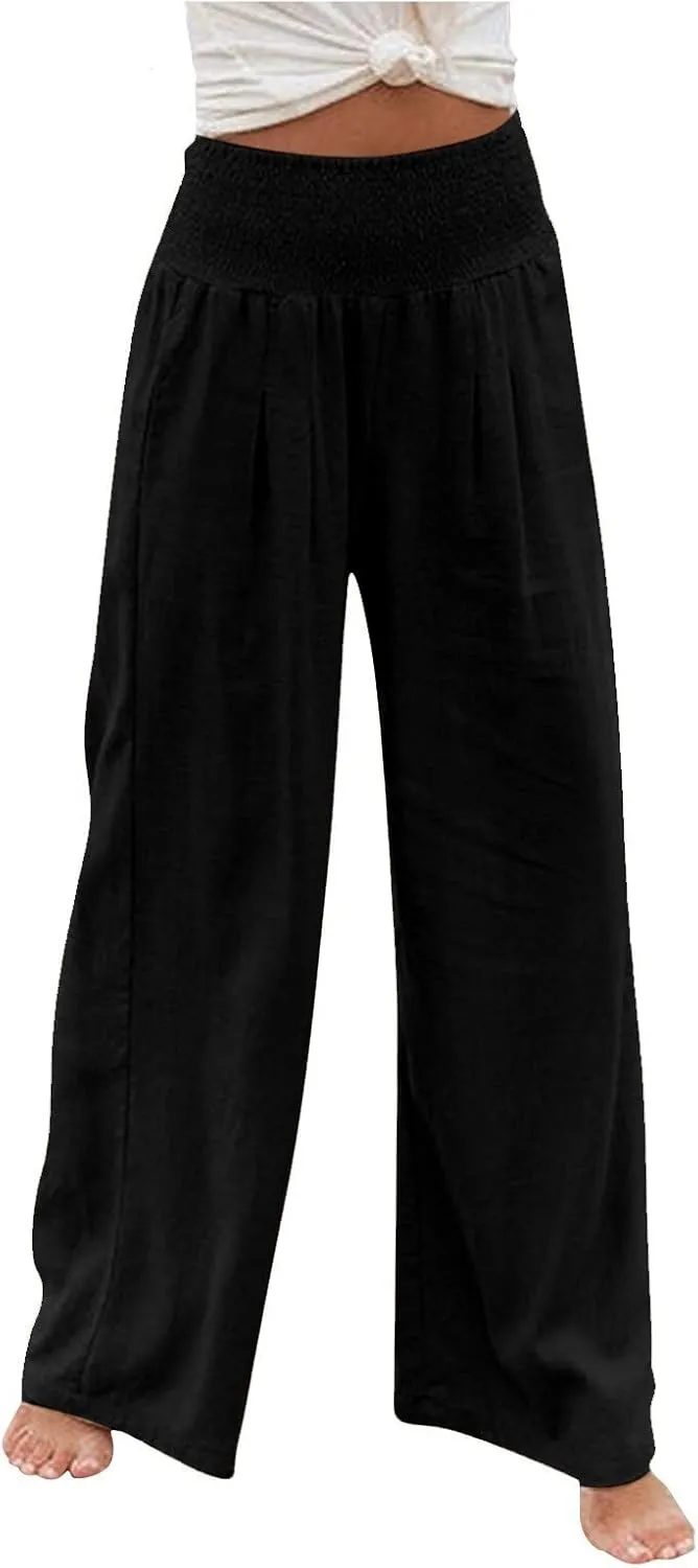 Women's Cotton Linen Wide Leg Pants Summer Smocked High Waisted Palazzo Trousers with Pockets Beach Cover Up