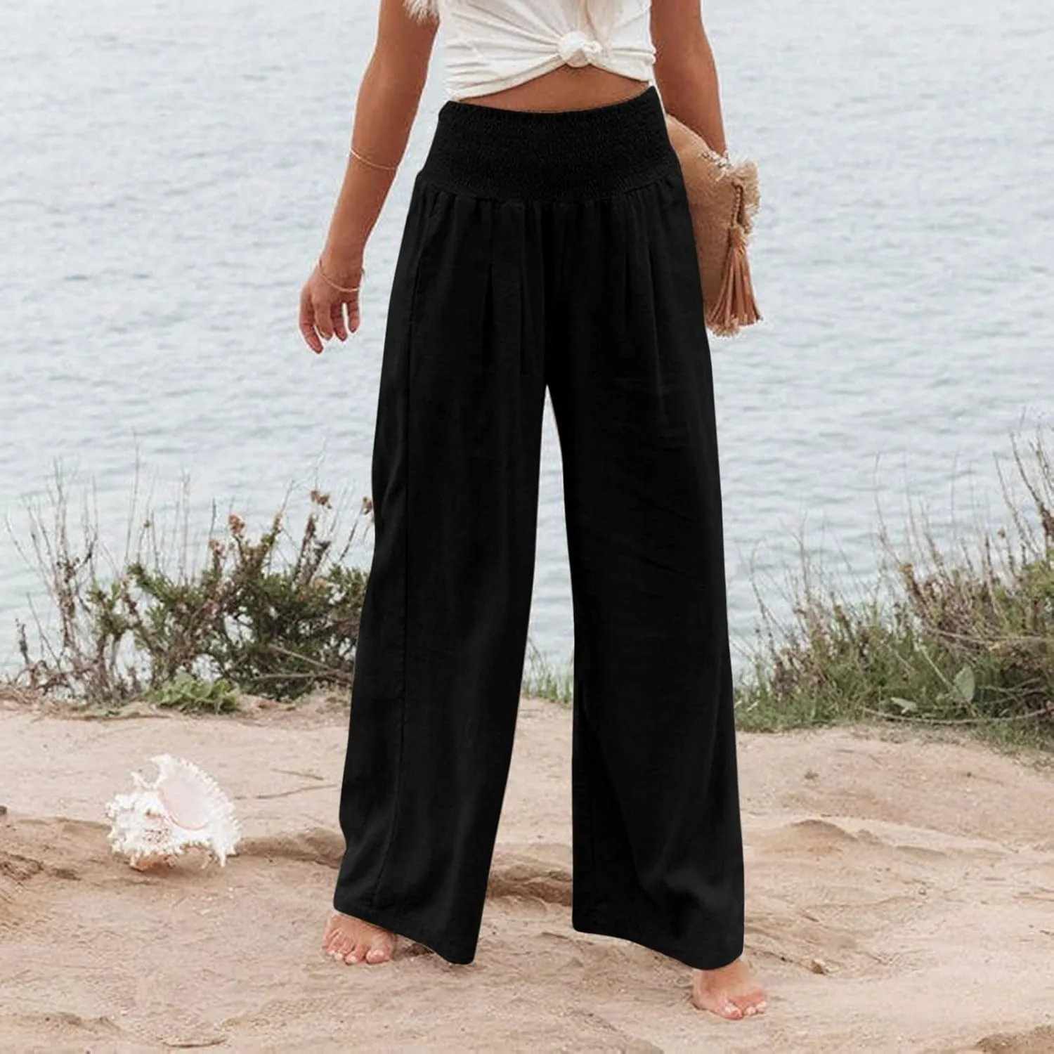 Women's Cotton Linen Wide Leg Pants Summer Smocked High Waisted Palazzo Trousers with Pockets Beach Cover Up