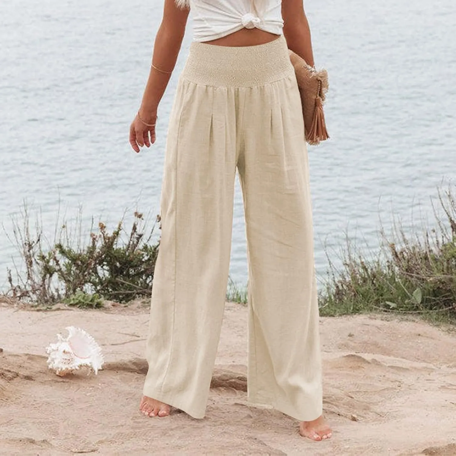 Women's Cotton Linen Wide Leg Pants Summer Smocked High Waisted Palazzo Trousers with Pockets Beach Cover Up