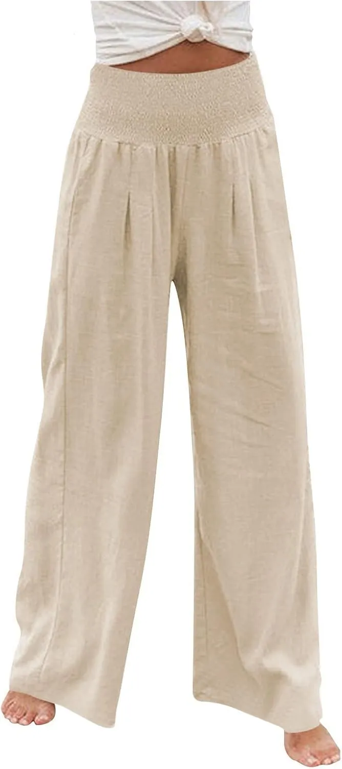 Women's Cotton Linen Wide Leg Pants Summer Smocked High Waisted Palazzo Trousers with Pockets Beach Cover Up