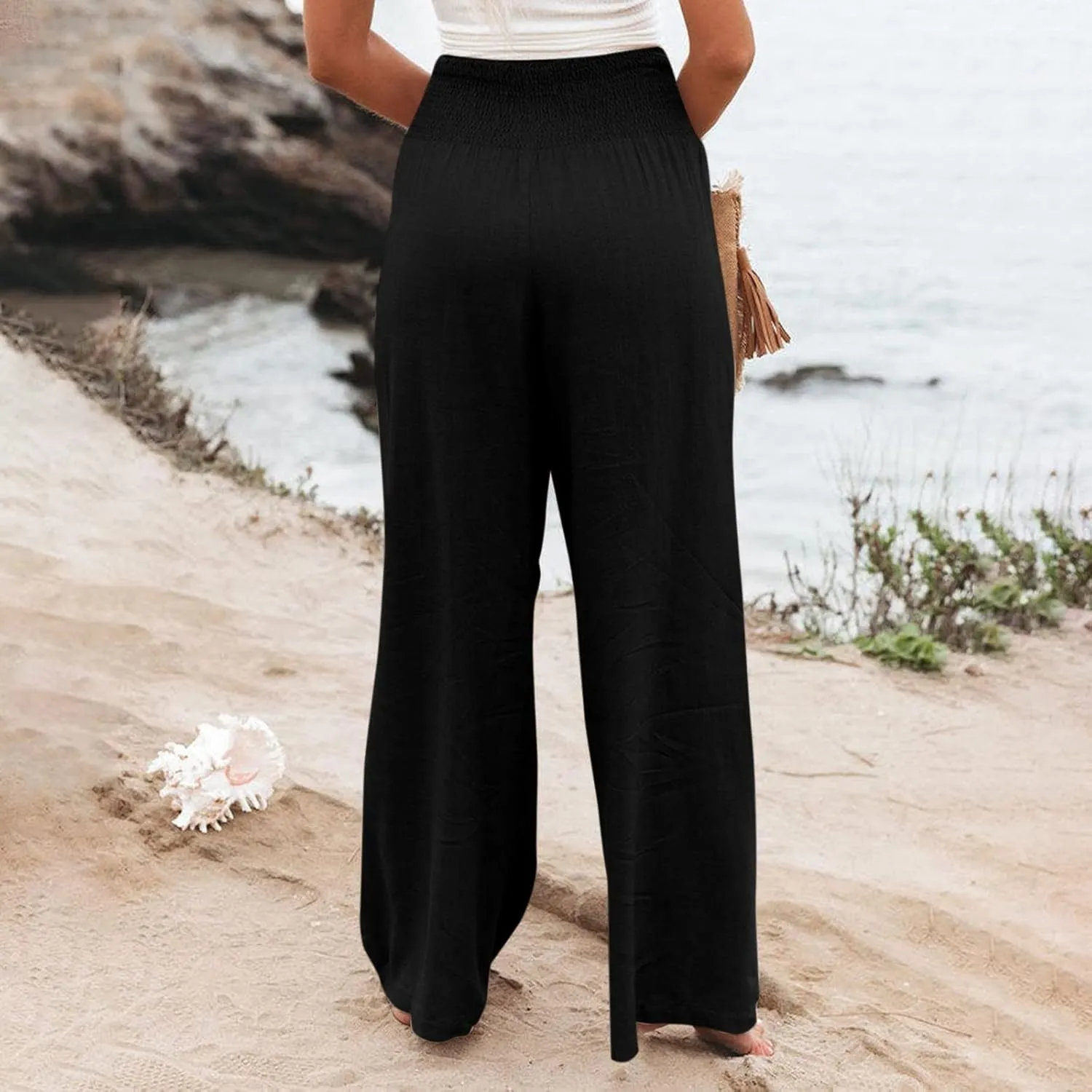 Women's Cotton Linen Wide Leg Pants Summer Smocked High Waisted Palazzo Trousers with Pockets Beach Cover Up