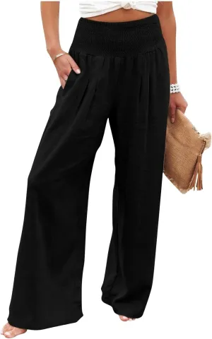 Women's Cotton Linen Wide Leg Pants Summer Smocked High Waisted Palazzo Trousers with Pockets Beach Cover Up