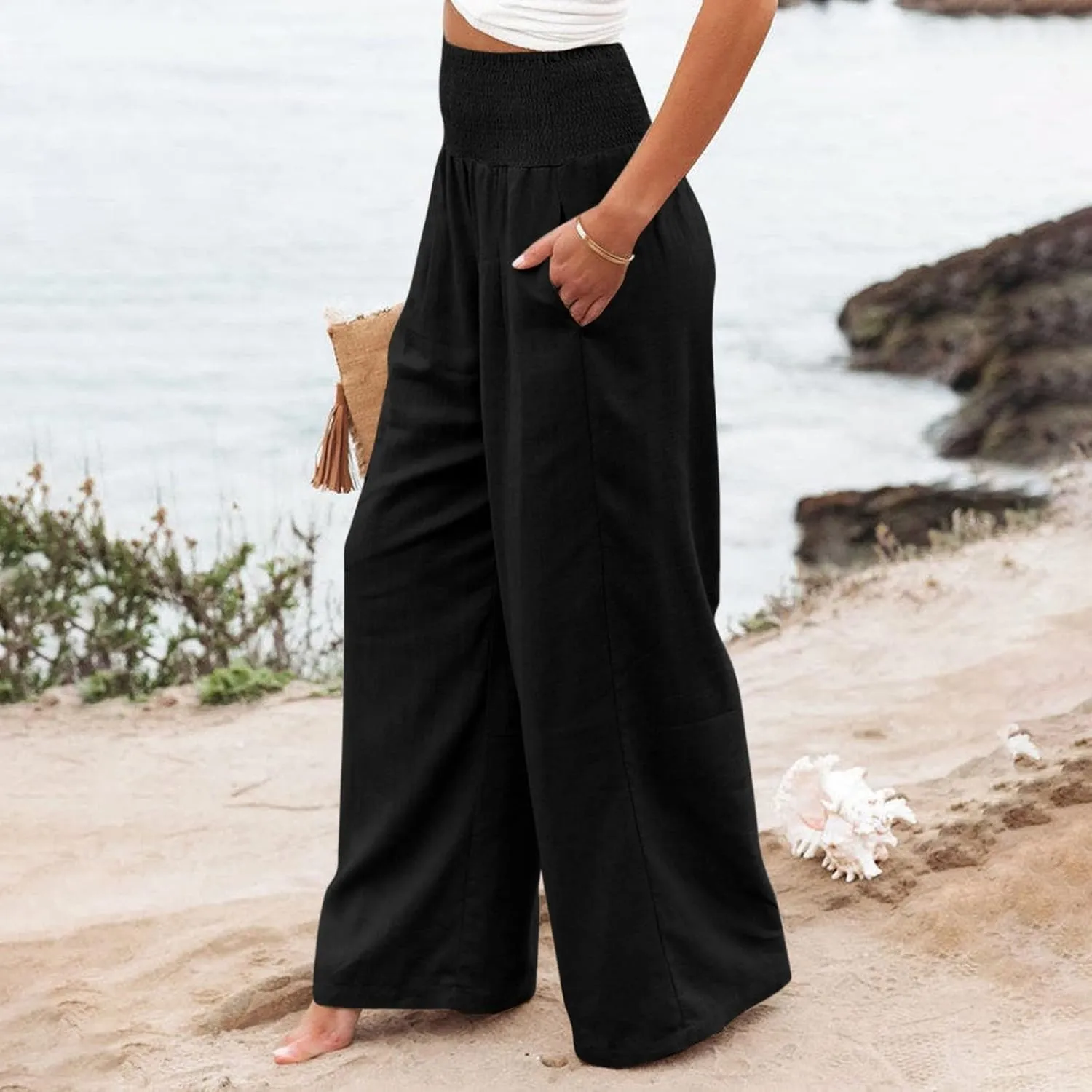 Women's Cotton Linen Wide Leg Pants Summer Smocked High Waisted Palazzo Trousers with Pockets Beach Cover Up