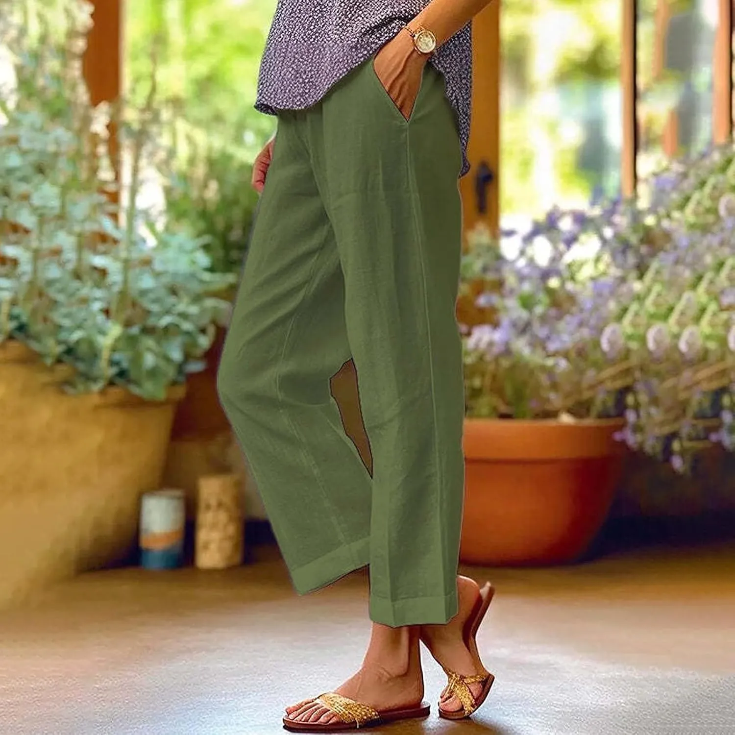 Womens Cropped Linen Pants Summer Elastic Waist Straight Leg Plus Size Crop Pants Casual Beach Trousers with Pockets