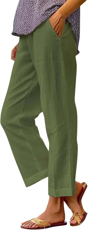 Womens Cropped Linen Pants Summer Elastic Waist Straight Leg Plus Size Crop Pants Casual Beach Trousers with Pockets
