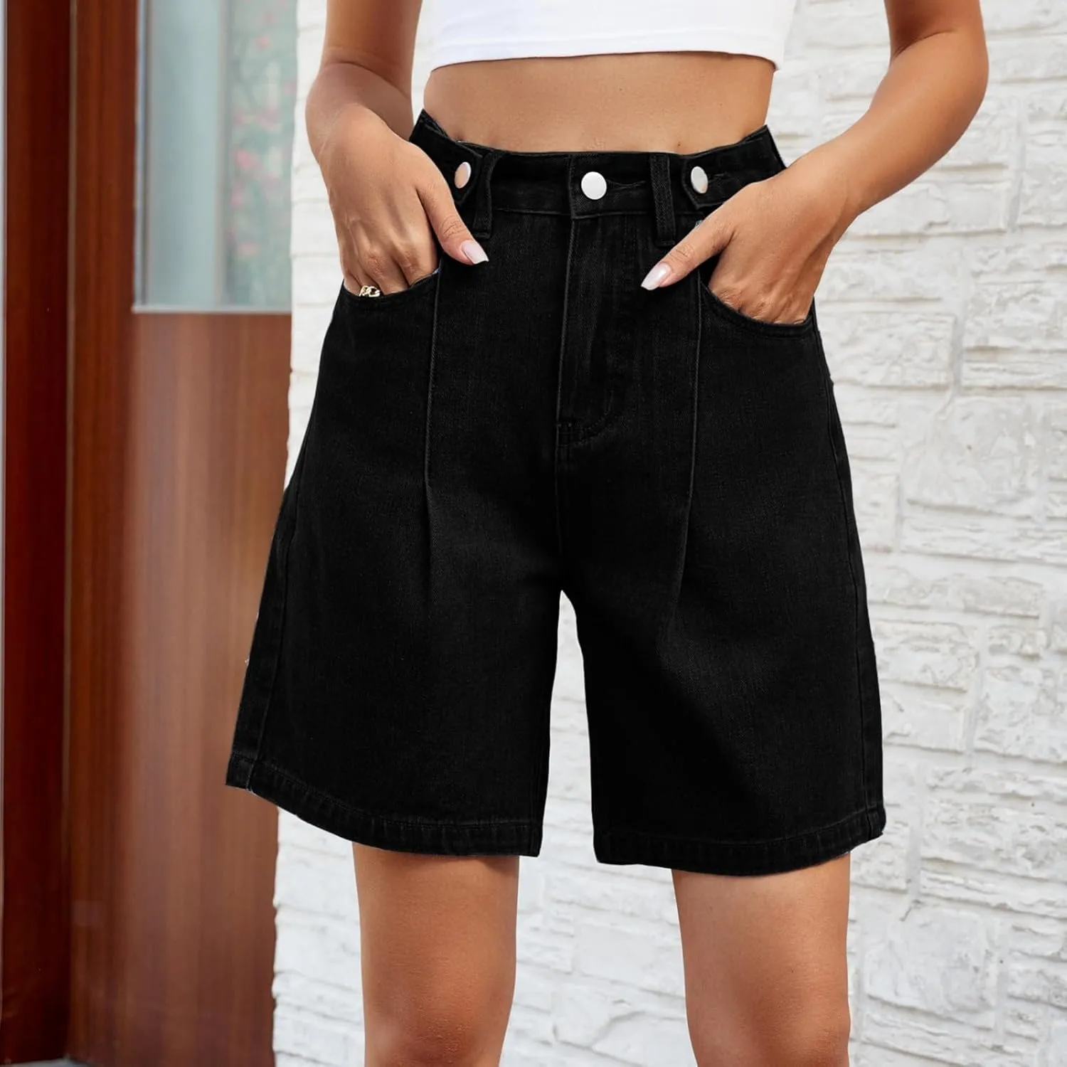 Women's Denim Shorts Elastic Waist - Bermuda Mid-Rise Butt Lift Summer Long Denim 5 Inch Inseam with Multi Pockets