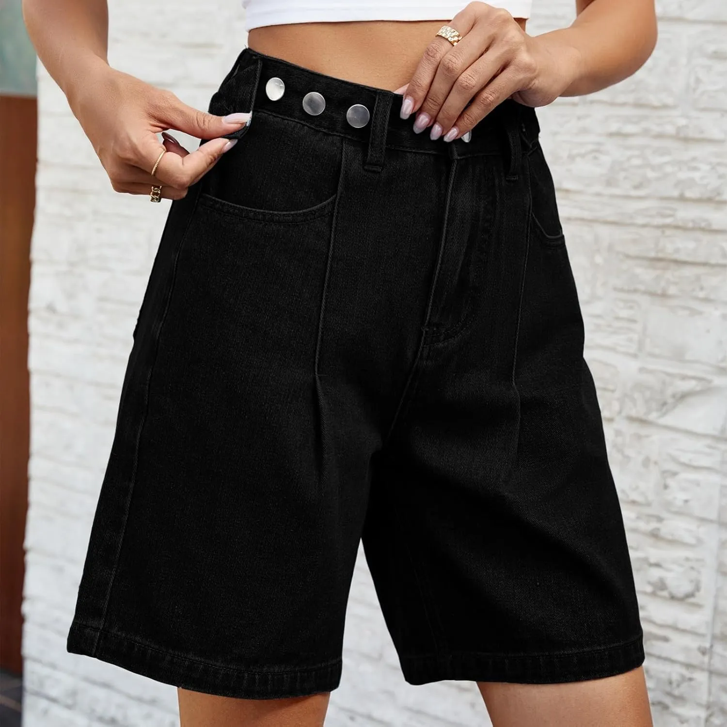 Women's Denim Shorts Elastic Waist - Bermuda Mid-Rise Butt Lift Summer Long Denim 5 Inch Inseam with Multi Pockets