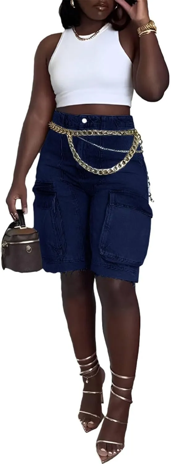 Women's Denim Shorts Trendy Casual High Waist Straight Leg Cargo Jean Shorts with Pockets