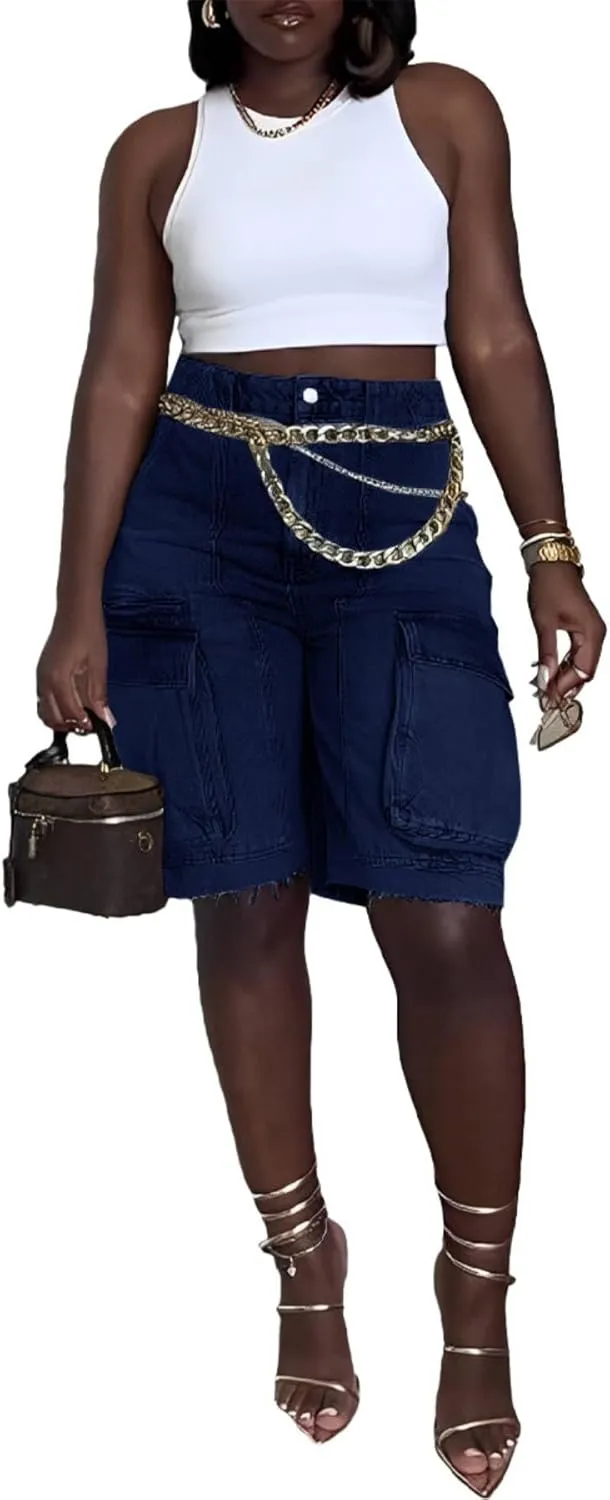 Women's Denim Shorts Trendy Casual High Waist Straight Leg Cargo Jean Shorts with Pockets