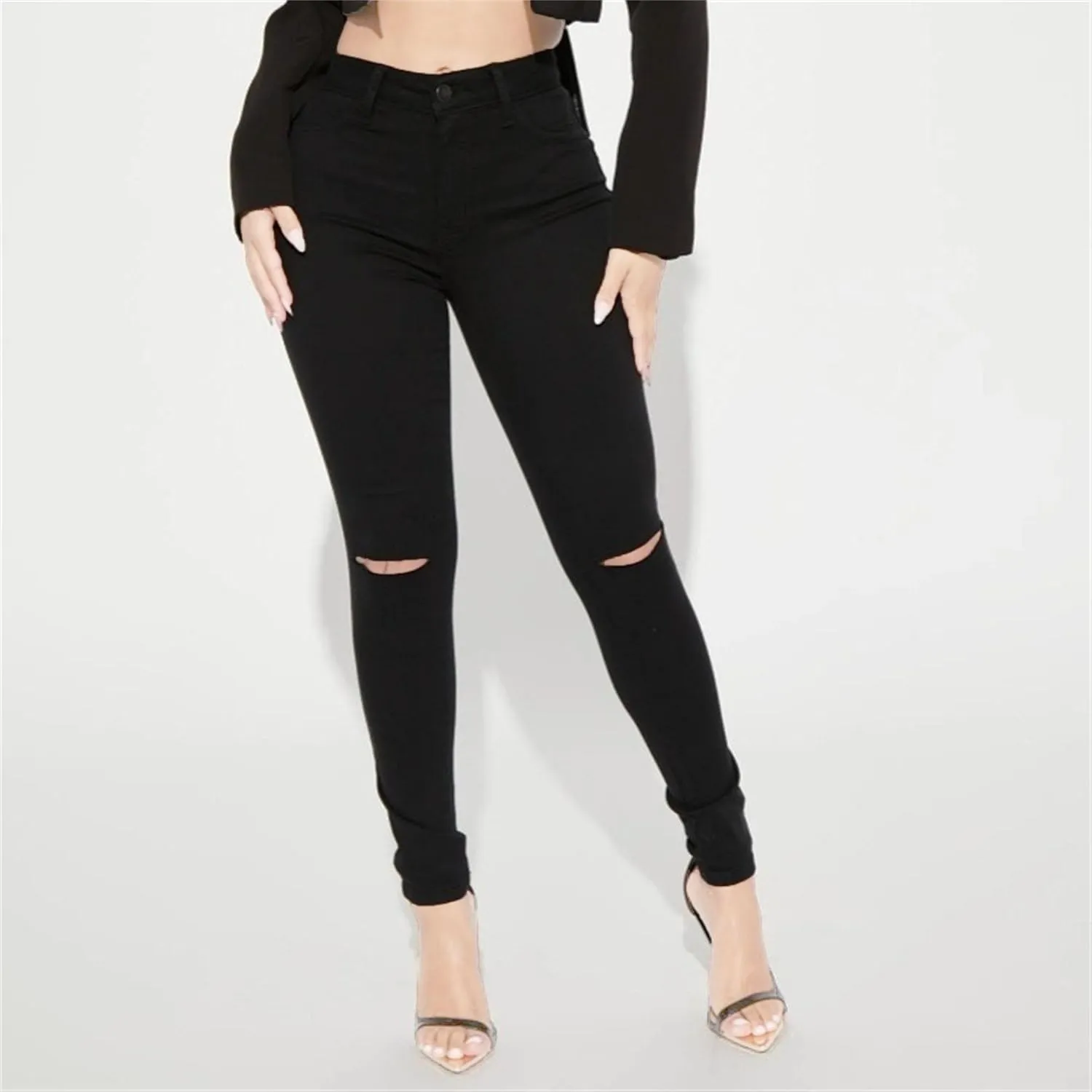 Women's Distressed Skinny High Waisted Jeans Ripped Stretch Casual Denim Pants Slim Fit Pull-On Destroyed Jeans