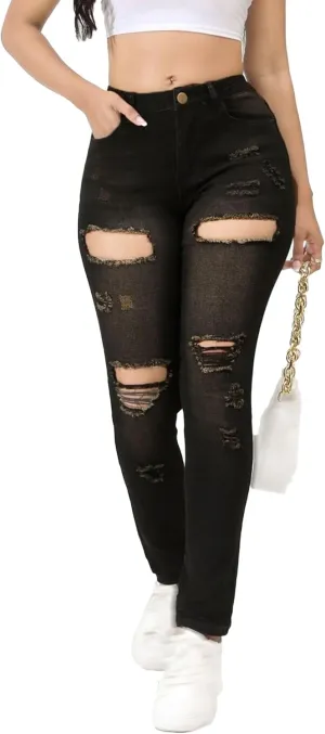 Women's Distressed Skinny High Waisted Jeans Ripped Stretch Casual Denim Pants Slim Fit Pull-On Destroyed Jeans