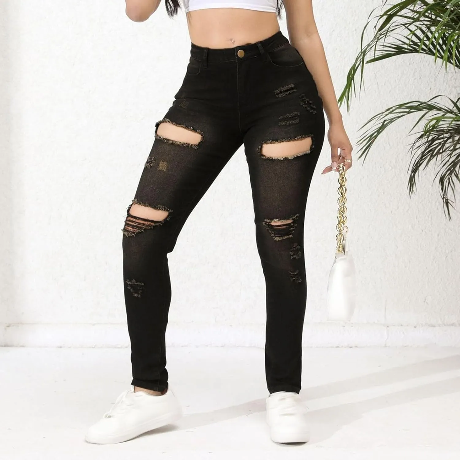 Women's Distressed Skinny High Waisted Jeans Ripped Stretch Casual Denim Pants Slim Fit Pull-On Destroyed Jeans