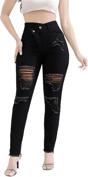 Women's Distressed Skinny High Waisted Jeans Ripped Stretch Casual Denim Pants Slim Fit Pull-On Destroyed Jeans