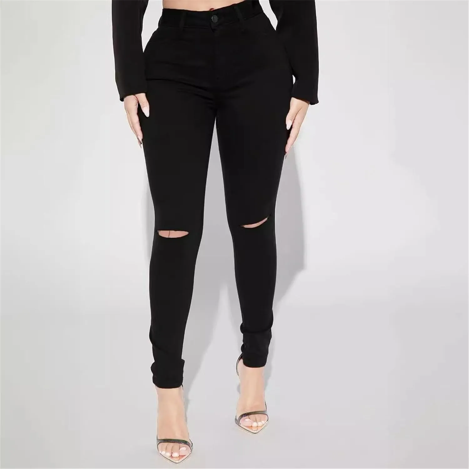 Women's Distressed Skinny High Waisted Jeans Ripped Stretch Casual Denim Pants Slim Fit Pull-On Destroyed Jeans