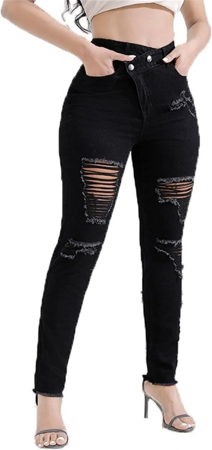 Women's Distressed Skinny High Waisted Jeans Ripped Stretch Casual Denim Pants Slim Fit Pull-On Destroyed Jeans