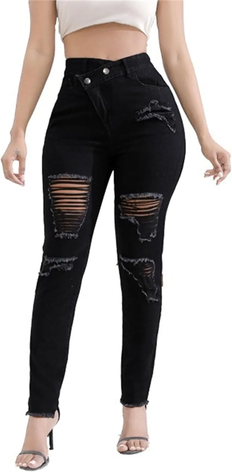 Women's Distressed Skinny High Waisted Jeans Ripped Stretch Casual Denim Pants Slim Fit Pull-On Destroyed Jeans