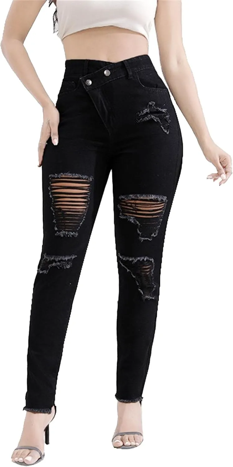 Women's Distressed Skinny High Waisted Jeans Ripped Stretch Casual Denim Pants Slim Fit Pull-On Destroyed Jeans