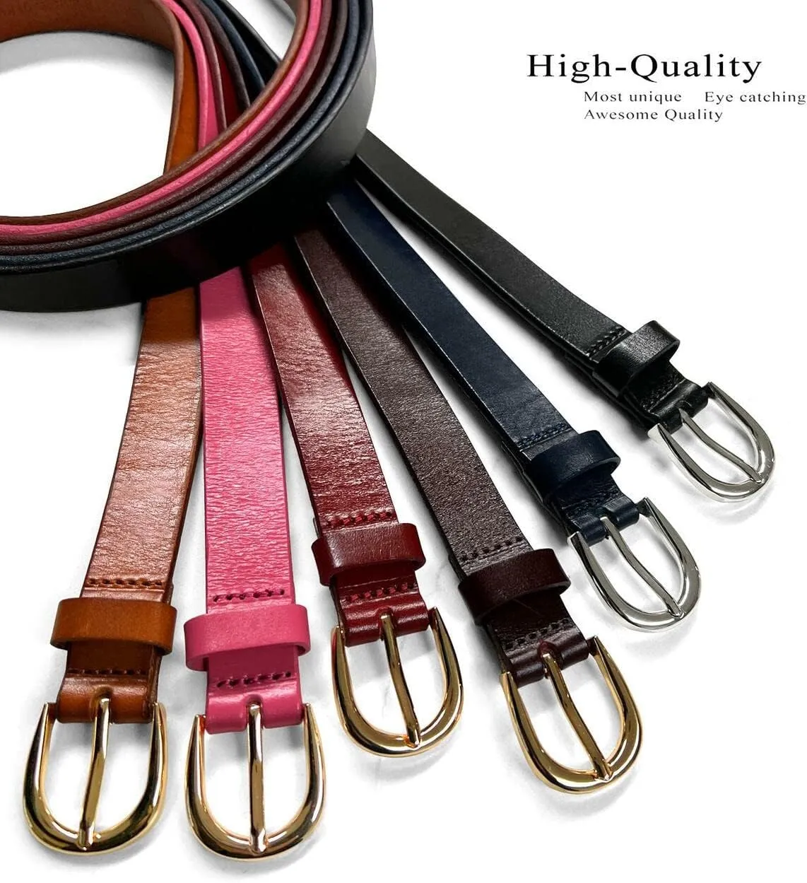 Women's Dress Skinny Fashion Belts Genuine Leather 3/4" (19mm) and 1" (25mm) wide