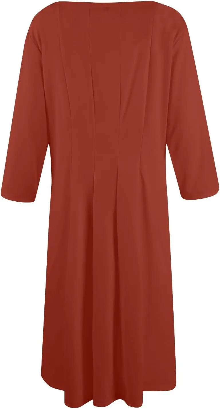 Womens Dress Summer 3/4 Sleeve A Line Dress Solid Plain Pleated Midi Dresses Spring Flowy Beach Dresses with Pocket