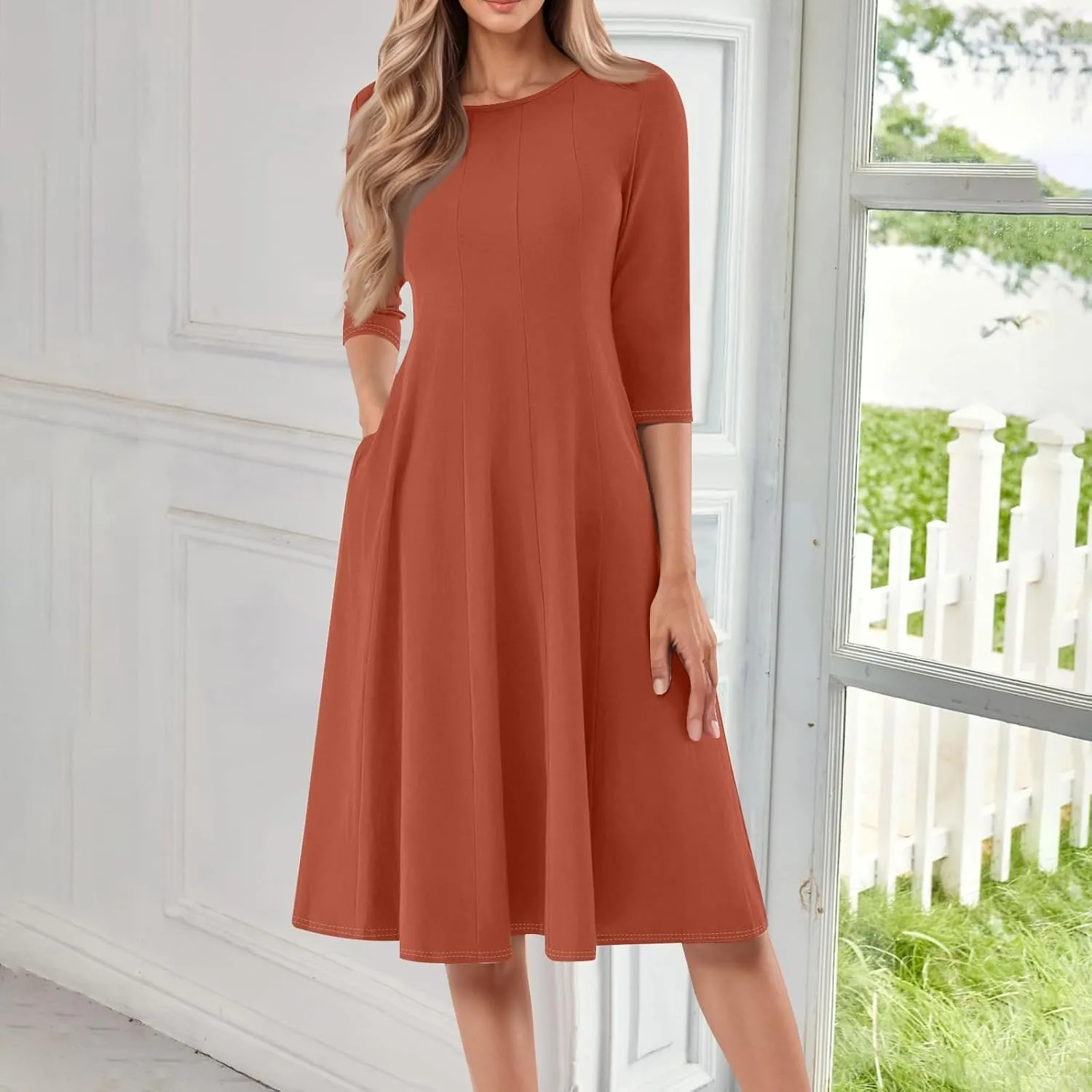 Womens Dress Summer 3/4 Sleeve A Line Dress Solid Plain Pleated Midi Dresses Spring Flowy Beach Dresses with Pocket