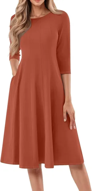 Womens Dress Summer 3/4 Sleeve A Line Dress Solid Plain Pleated Midi Dresses Spring Flowy Beach Dresses with Pocket