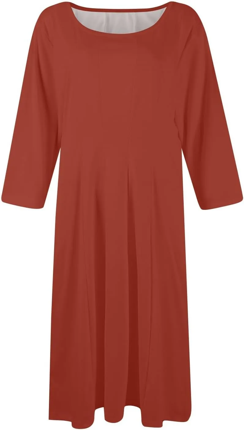 Womens Dress Summer 3/4 Sleeve A Line Dress Solid Plain Pleated Midi Dresses Spring Flowy Beach Dresses with Pocket